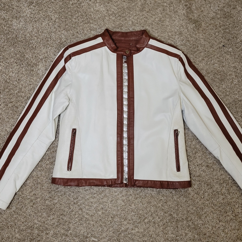 Max Rider Genuine Leather Jacket – White with Brown Racing Stripes (Size Small)